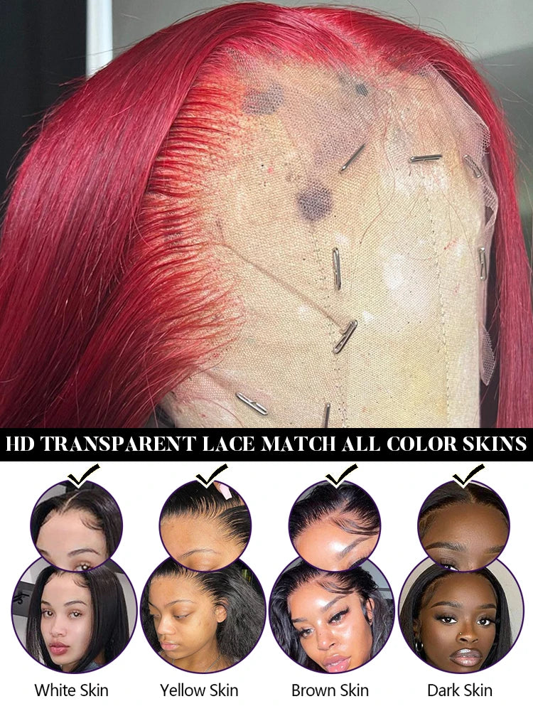 Perruque Lace Front Wig Body Wave Brésilienne Naturelle, Cheveux Humains, Couleur Bordeaux 99J, 13x6, Transparent HD