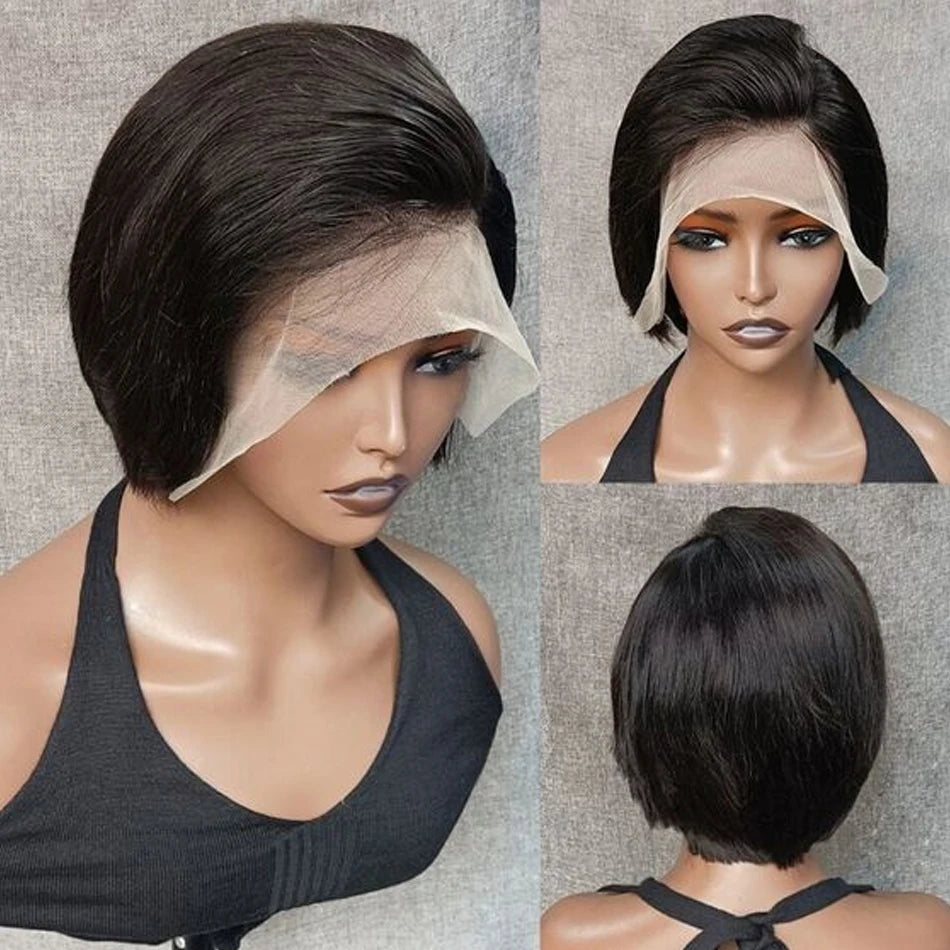 Cheveux humains 13X2 perruques courtes coupe lutin perruques droites Bob HDTransparent dentelle frontale perruques pour les femmes noires 250 densité Perruque pas cher