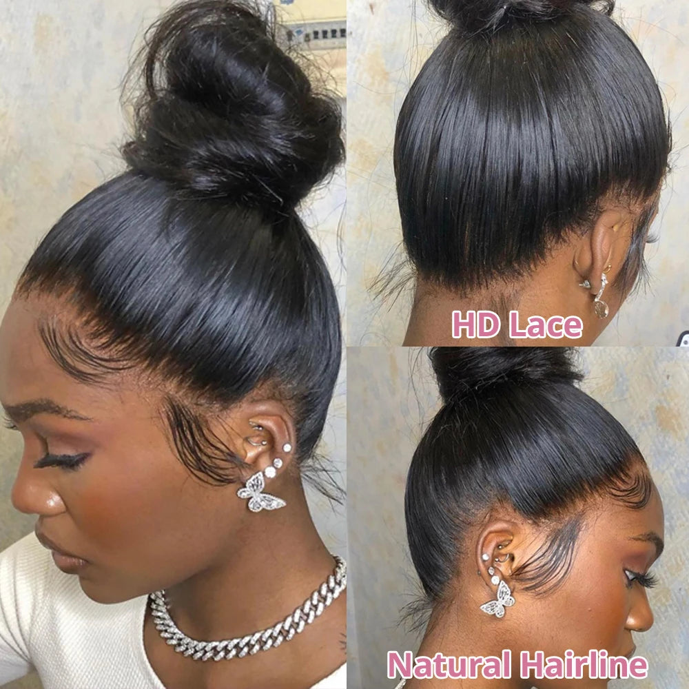 Perruque Lace Frontal Wig 360 naturelle brésilienne lisse, cheveux lisses, 13x6, Transparent, pre-plucked, pour femmes