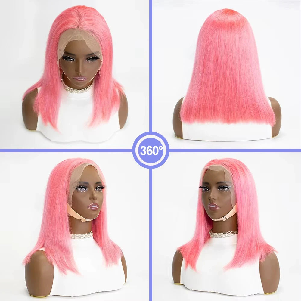 Cheveux humains Rose Rose droite Bob perruques pour femmes brésiliennes 13X4 dentelle avant perruques courtes dentelle frontale pré-plumée couleur Rose Bob perruque