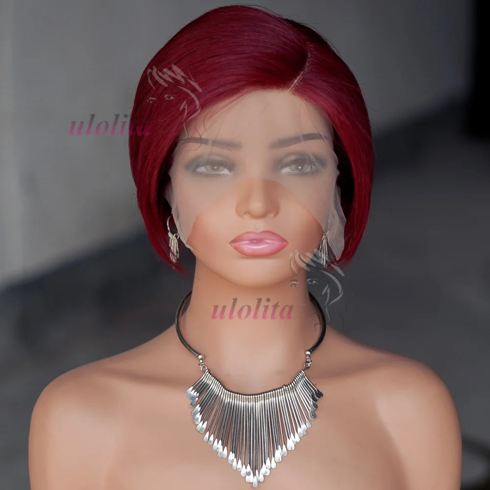 OmbreT1B/99J court coupe lutin malaisien Remy Perruques de cheveux humains à porter sans colle Cheveux raides Perruques Bob Court Cheveux Humains