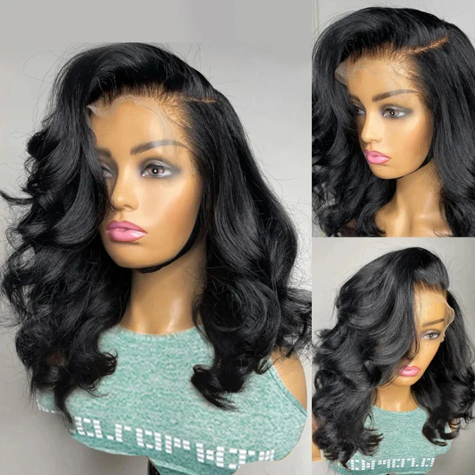 Perruque bob Body Wave “Wear and Go” en cheveux humains péruviens, dentelle frontale, sans colle, prête à porter, couleur naturelle