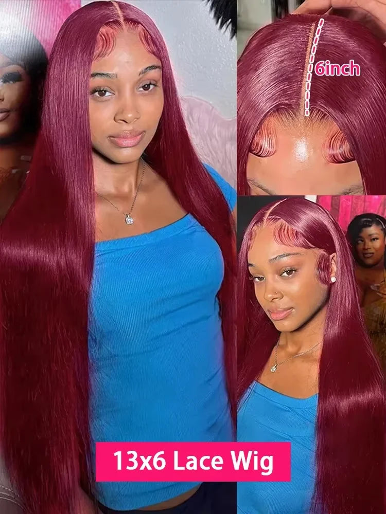Perruque Lace Frontal Wig naturelle lisse bordeaux 99j, 40 pouces, 13x6, perruque Lace Frontal Wig HD transparente, couleur rouge, pour femmes