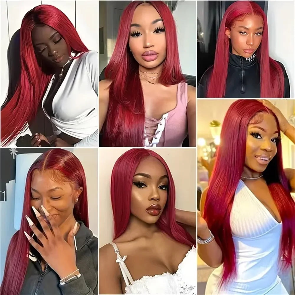 Perruque Lace Front Wig naturelle lisse, cheveux humains, couleur bordeaux 99J, haute densité 200, 13x6, HD, ultraviolette, 13x4, pour femmes