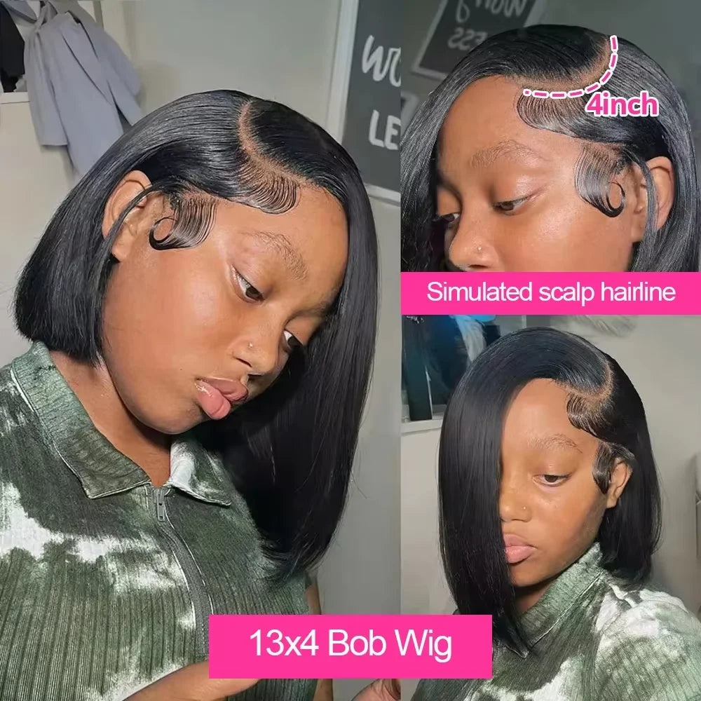 250% densité sans colle os droit 13x6 court Bob demi dentelle avant perruque HD frontale tressé noir 100% perruques de cheveux humains