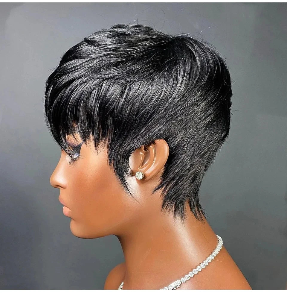 Perruques de cheveux humains courts coupe lutin droite perruque bresillienne pour les femmes noires pleine Machine faite perruques avec frange perruque pas cher