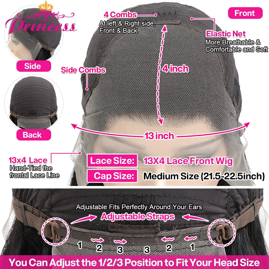 Perruque Lace Frontal Wig Body Wave naturelle – Princess Hair, cheveux 100% humains, 13x4, Lace Transparent, perruque Lace Front Wig, pour femmes