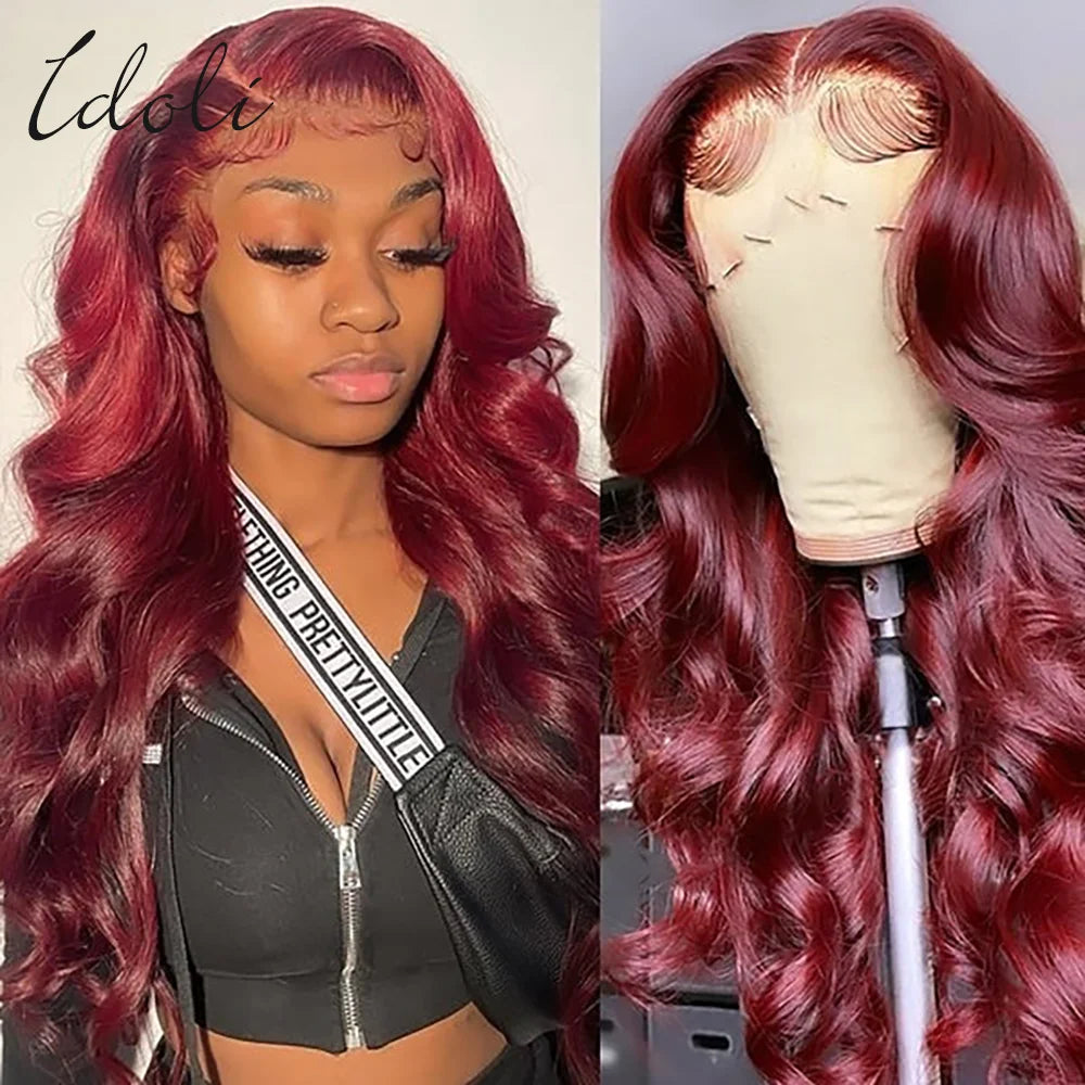 Perruque Lace Front Wig Body Wave Brésilienne Naturelle, Cheveux Humains, Couleur Bordeaux 99J, 13x6, Transparent HD