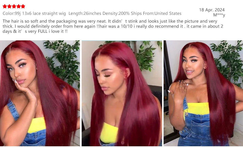 Perruque Lace Front Wig naturelle lisse, cheveux humains, couleur bordeaux 99J, haute densité 200, 13x6, HD, ultraviolette, 13x4, pour femmes