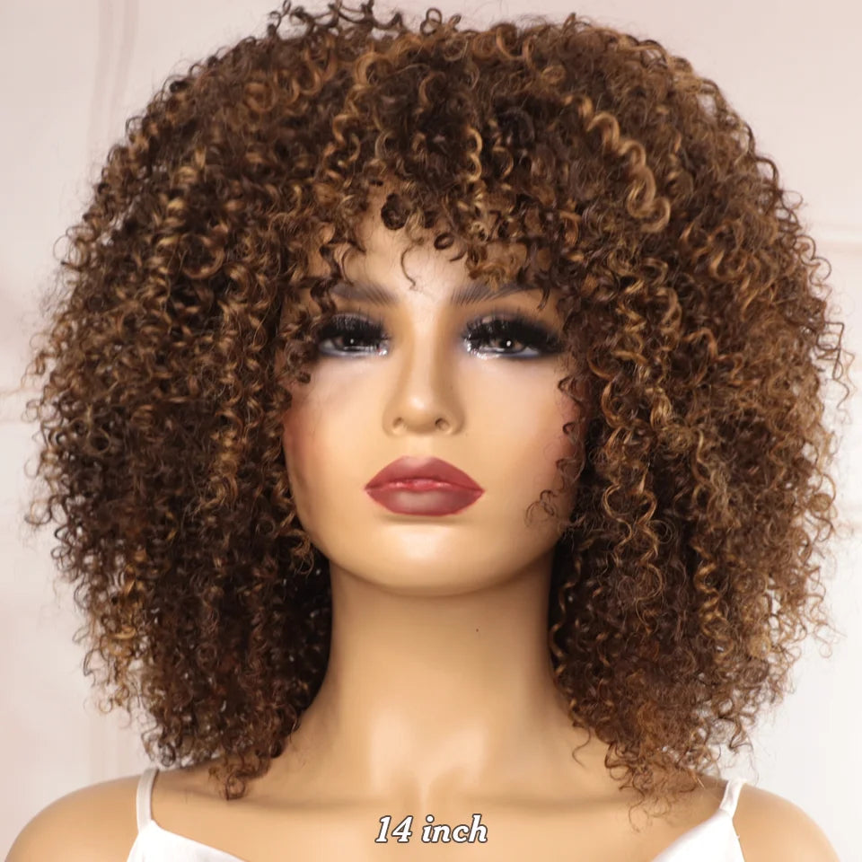 Grande perruque bouclée avec frange cheveux humains courts Afro crépus bouclés perruque couleur marron sans colle pleine Machine faite perruque 250 densité brésilienne