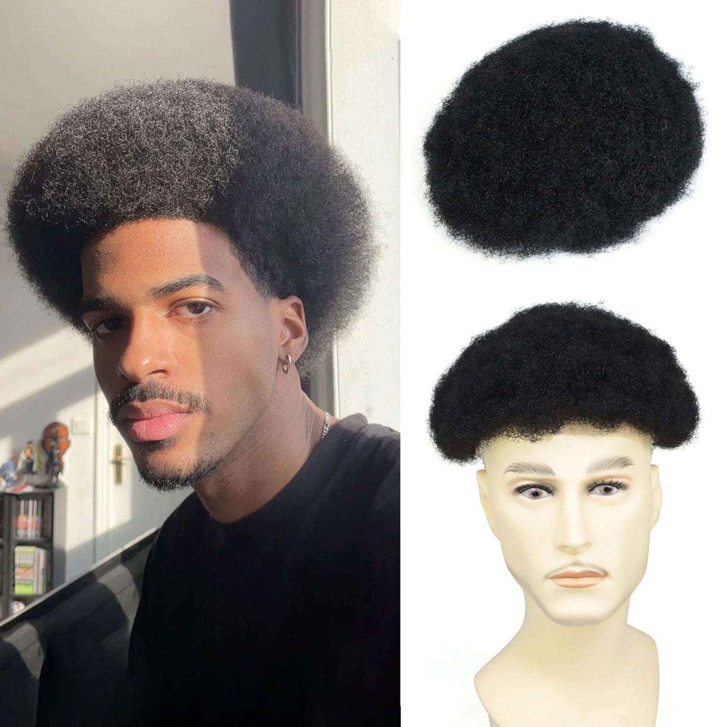 Toupet Afro Curl pour hommes, postiche 100% humaine réelle, 8x10 pouces, 1B, noir naturel, Base Multiple, système capillaire léger et respirant