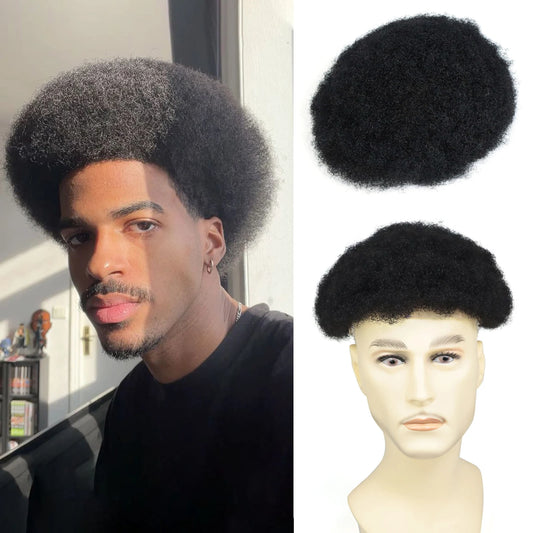 Toupet Afro Curl pour hommes, postiche 100% humaine réelle, 8x10 pouces, 1B, noir naturel, Base Multiple, système capillaire léger et respirant