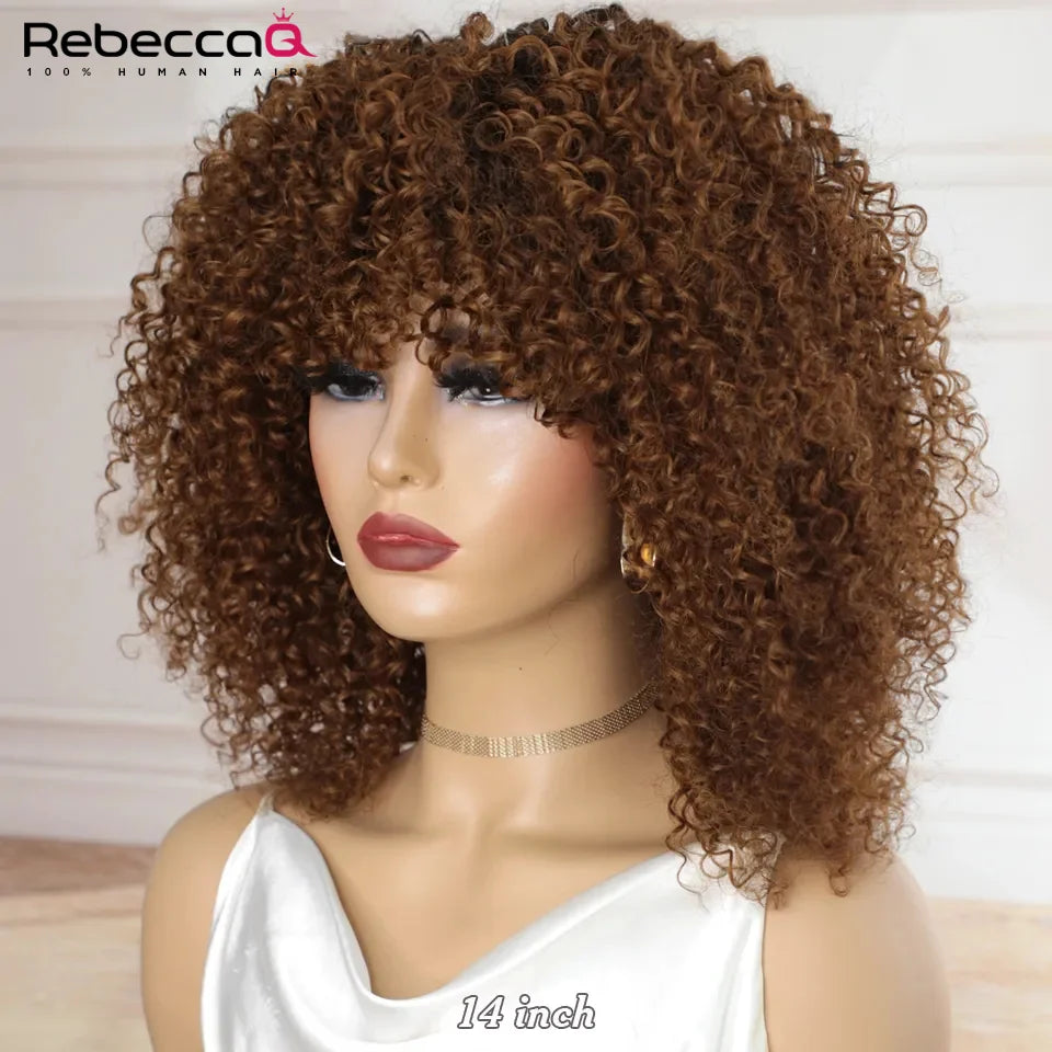 Grande perruque bouclée avec frange cheveux humains courts Afro crépus bouclés perruque couleur marron sans colle pleine Machine faite perruque 250 densité brésilienne