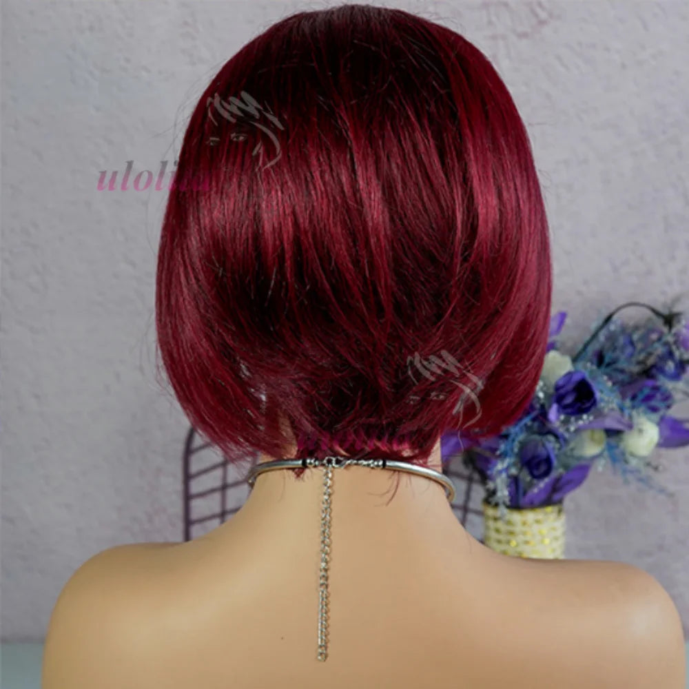 Perruque bob courte T1B/99J en cheveux humains malaisiens Remy, raides, à porter sans colle, style coupe lutin