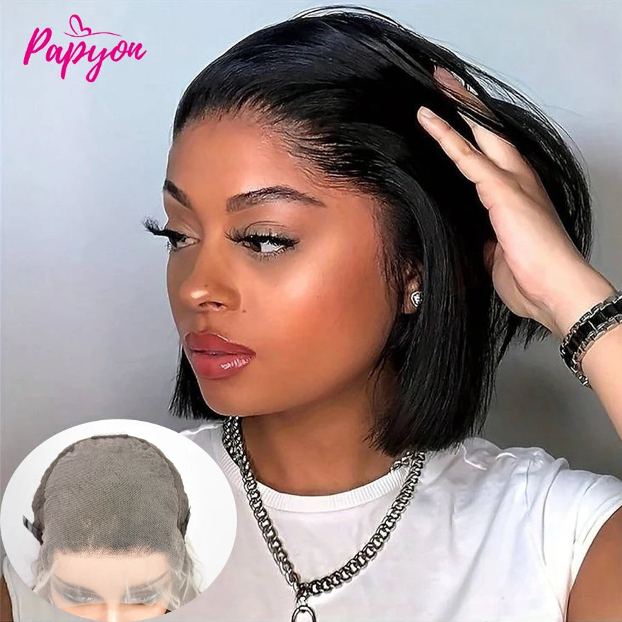 Perruque Courte 13X6 Transparent 15A Bob Wig Perruques Cheveux Humains Wigs Human Hair Cheveux Humain Naturel Droit Human Hair