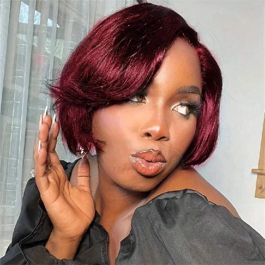 Perruque bob courte T1B/99J en cheveux humains malaisiens Remy, raides, à porter sans colle, style coupe lutin