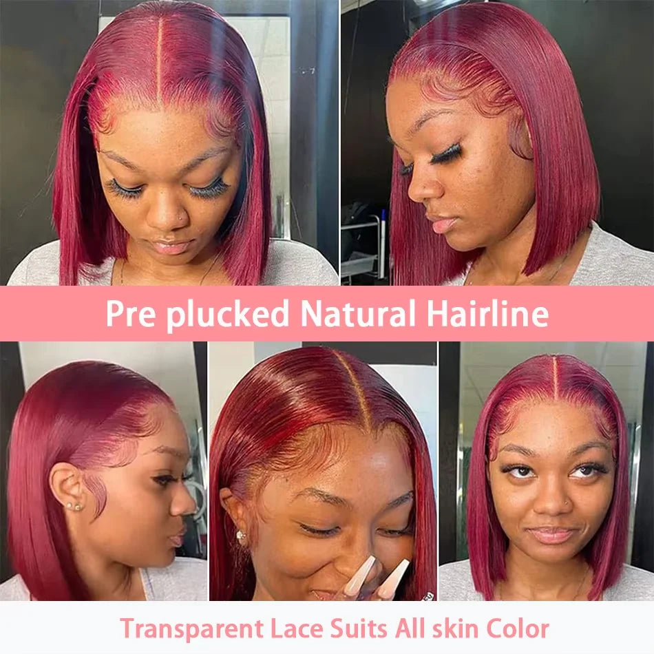 Perruque bob 13x4 en cheveux humains, lisses et courts, couleur bordeaux 99J, dentelle frontale HD transparente, pré-plumée, longueur 8-14 pouces, densité 200%, look naturel et élégant