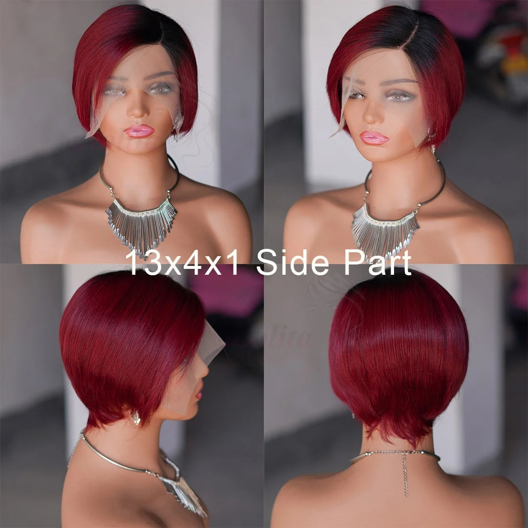 OmbreT1B/99J court coupe lutin malaisien Remy Perruques de cheveux humains à porter sans colle Cheveux raides Perruques Bob Court Cheveux Humains