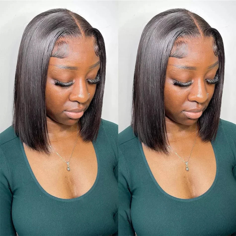 Perruques prêtes à porter sans colle, cheveux humains brésiliens lisses, coupe courte bob, pré-épilées, perruque frontale en dentelle transparente HD 13x4
