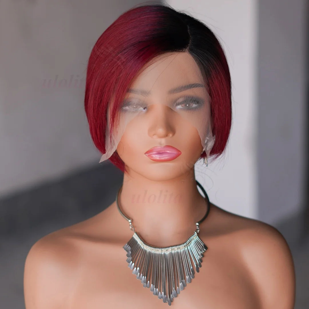 OmbreT1B/99J court coupe lutin malaisien Remy Perruques de cheveux humains à porter sans colle Cheveux raides Perruques Bob Court Cheveux Humains