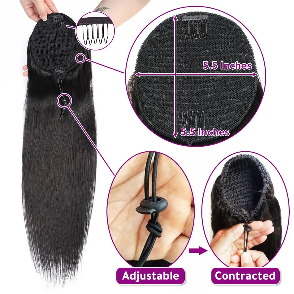 Cheveux humains droits queue de cheval cordon 100% Remy queue de cheval Extension pour les femmes brésilien cheveux longs raides couleur naturelle # 1B