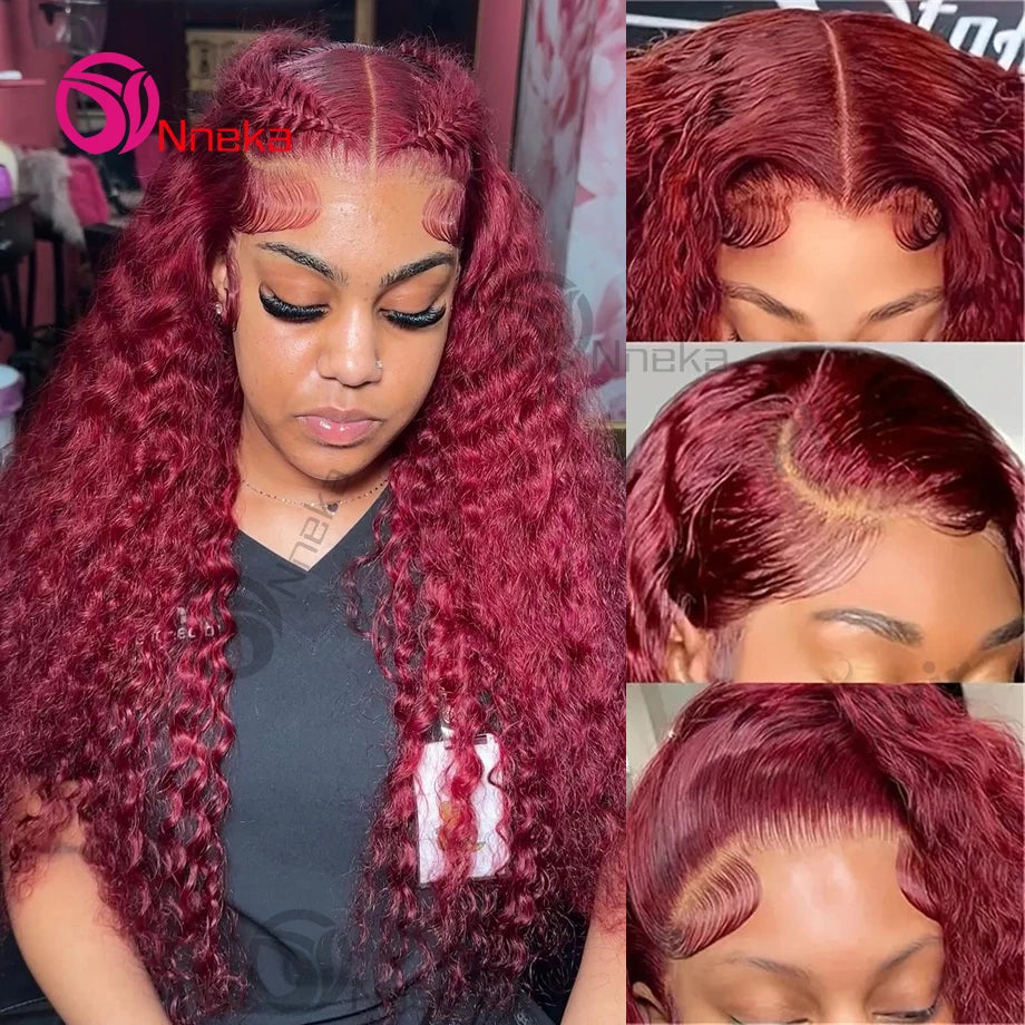 Bourgogne 13x6 Hd dentelle frontale perruque de cheveux humains vague profonde bouclés perruques de cheveux humains vague d'eau couleur 99j rouge 30 pouces dentelle avant perruque