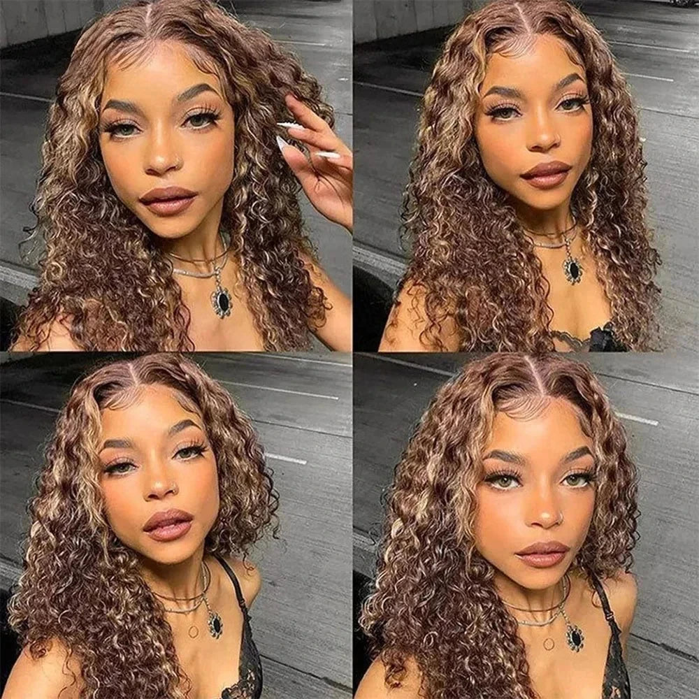 Ombre mettre en évidence P4/27 péruvien Remy cheveux courts Bob perruques de cheveux humains perruque Blonde profonde bouclée Bob perruque 13x4 dentelle avant perruques pour les femmes