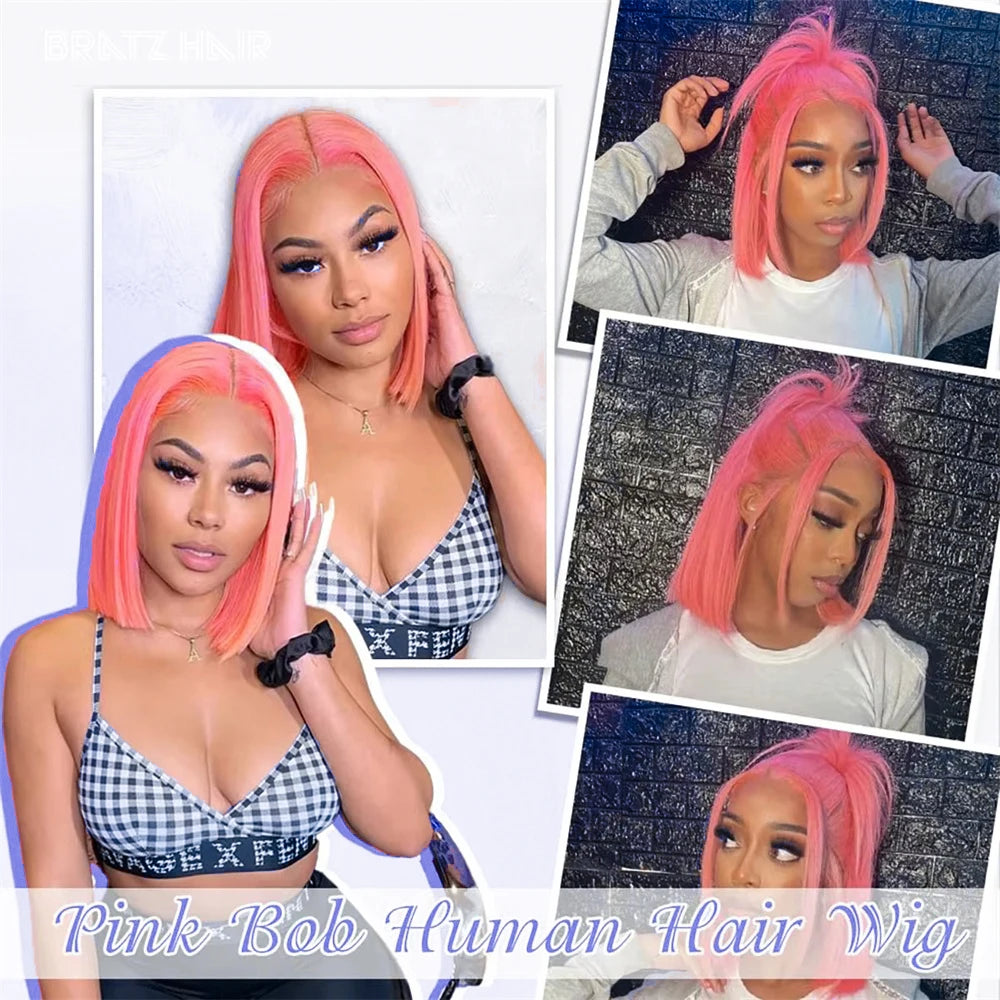 Cheveux humains Rose Rose droite Bob perruques pour femmes brésiliennes 13X4 dentelle avant perruques courtes dentelle frontale pré-plumée couleur Rose Bob perruque