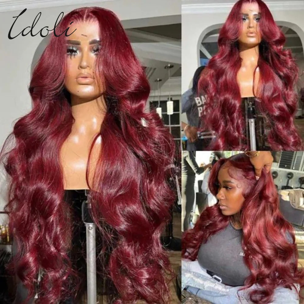 Perruque Lace Front Wig Body Wave Brésilienne Naturelle, Cheveux Humains, Couleur Bordeaux 99J, 13x6, Transparent HD