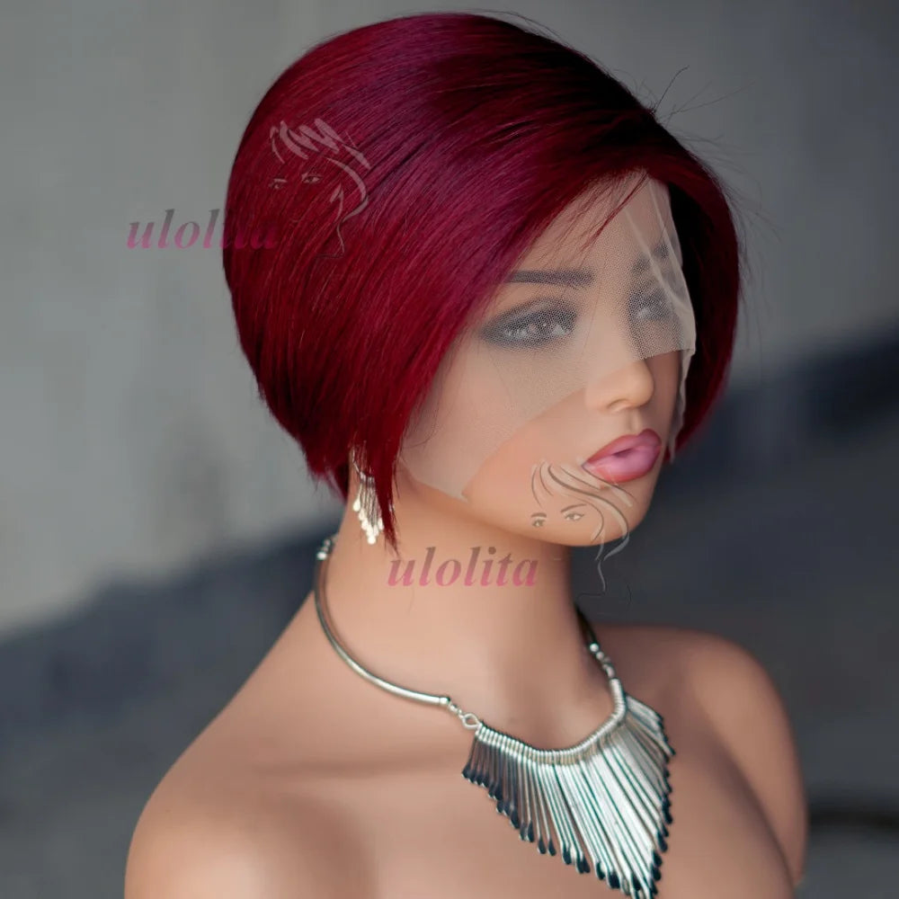 OmbreT1B/99J court coupe lutin malaisien Remy Perruques de cheveux humains à porter sans colle Cheveux raides Perruques Bob Court Cheveux Humains