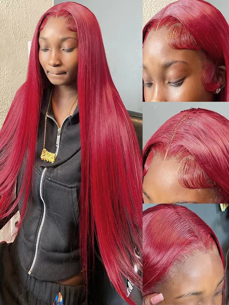 Perruque Lace Frontal Wig naturelle lisse bordeaux 99j, 40 pouces, 13x6, perruque Lace Frontal Wig HD transparente, couleur rouge, pour femmes