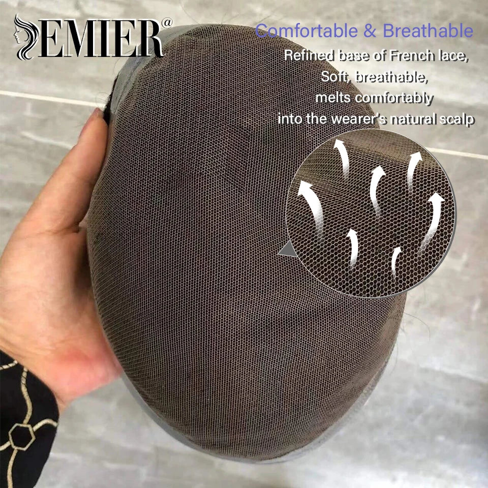 Perruque de cheveux humains en dentelle française avec PU pour homme, toupet confortable, vague naturelle, système de remplacement, prothèse capillaire masculine durable