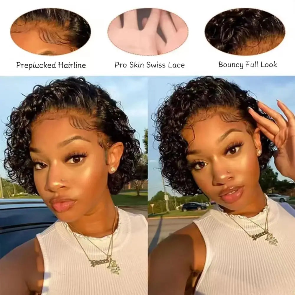 Perruque Pixie Cut Courte Bouclée en Cheveux Humains, Perruque Brésilienne Pas Chère en Cheveux Remy, Perruques Transparentes 13x1 en Dentelle pour Femmes en Promotion