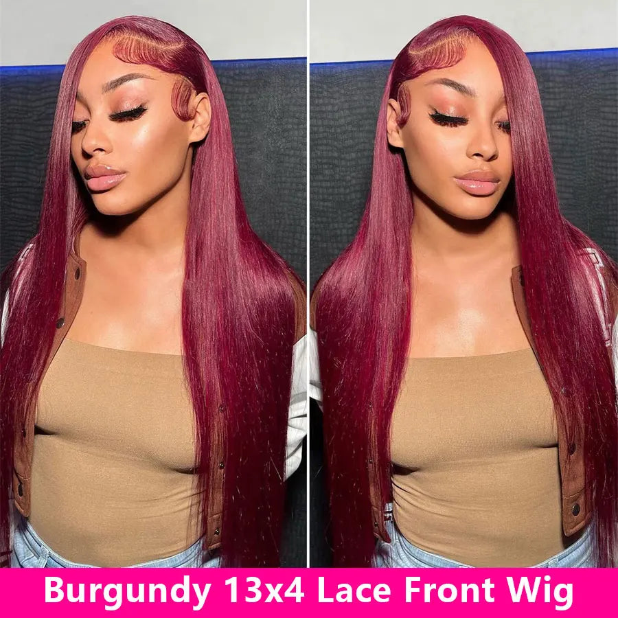 Perruque Lace Frontal Wig naturelle lisse bordeaux 99j, 40 pouces, 13x6, perruque Lace Frontal Wig HD transparente, couleur rouge, pour femmes
