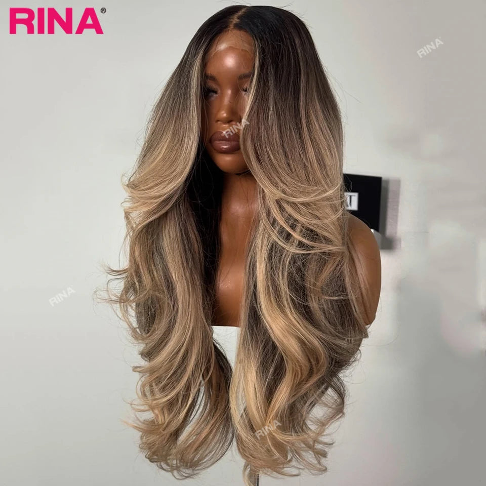 Ombre Blonde Highlight Color 200 Densité 13x4 13x6 Perruque en cheveux humains à la base en dentelle transparente en cheveux brésiliens pour femmes Ondulation naturelle