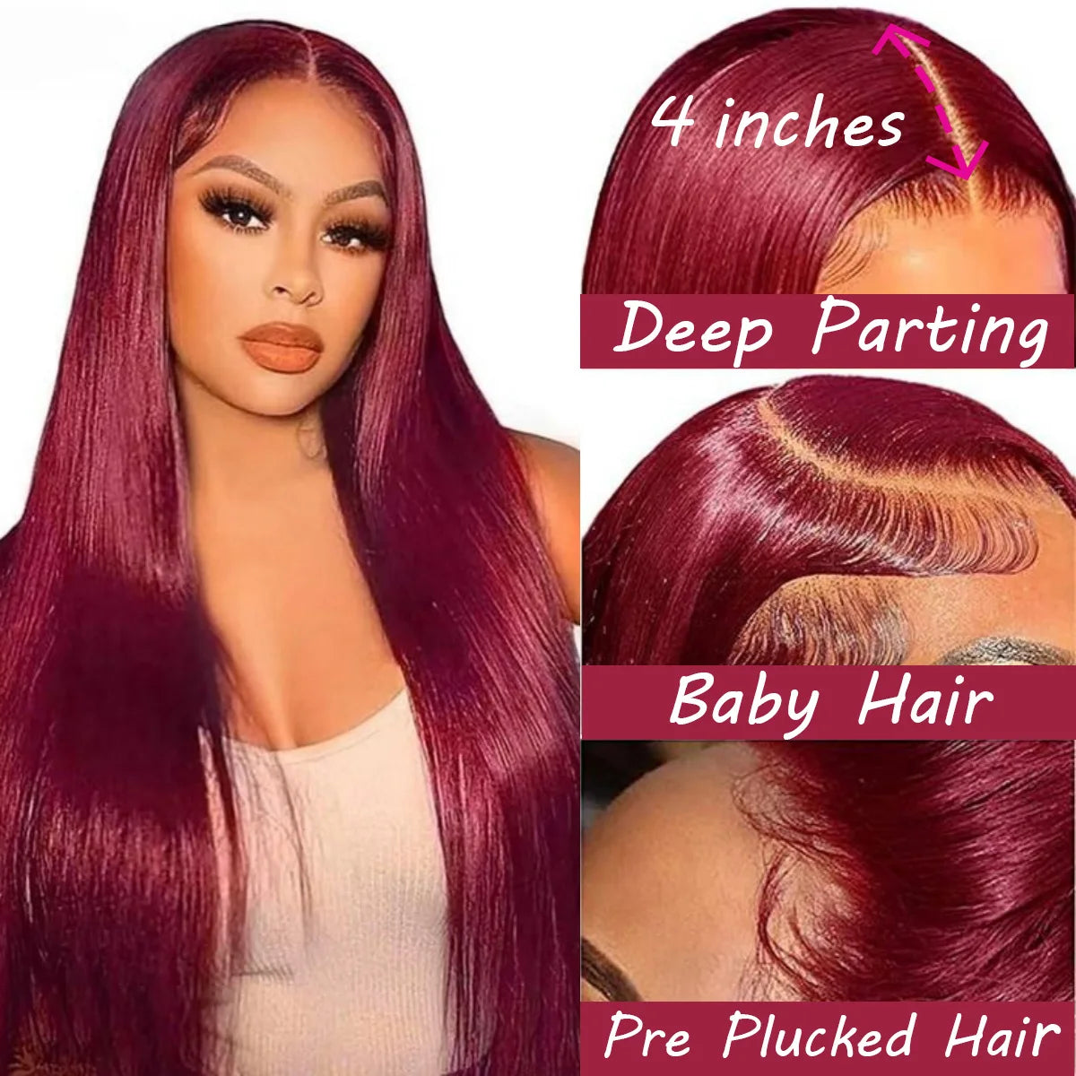 Perruque brésilienne droite bordeaux pour femme, dentelle transparente, cheveux humains, couleur rouge, pré-plumée, 99J, 13x4