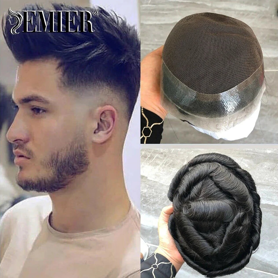 Perruque de cheveux humains en dentelle française avec PU pour homme, toupet confortable, vague naturelle, système de remplacement, prothèse capillaire masculine durable