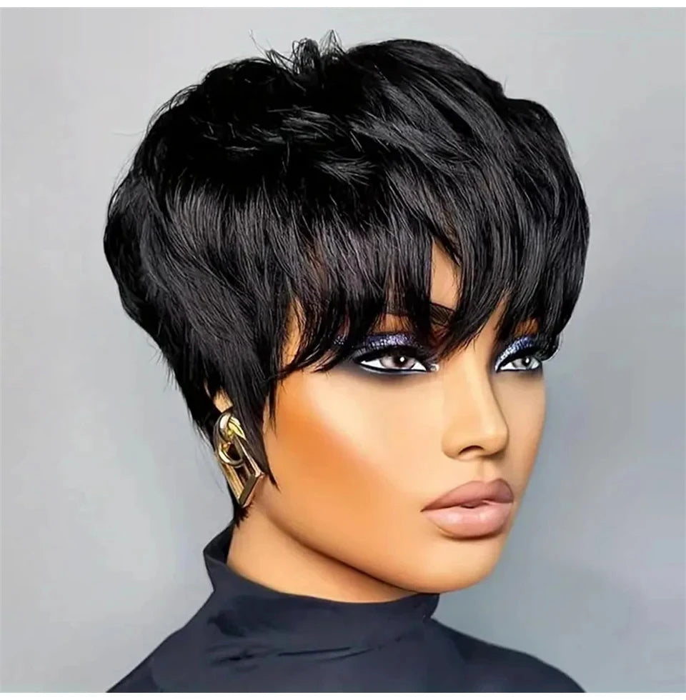 Perruques de cheveux humains courts coupe lutin droite perruque bresillienne pour les femmes noires pleine Machine faite perruques avec frange perruque pas cher