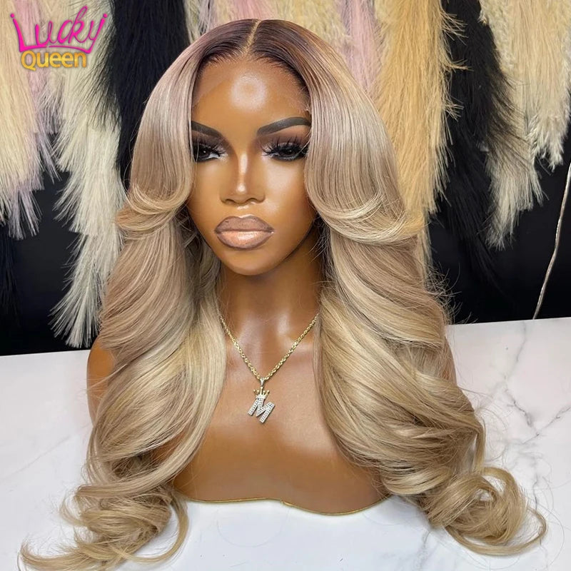 13X6 Ombre Blonde couleur frontale perruque cheveux humains pour les femmes Transparent 13X6 dentelle avant perruque de cheveux humains avec racine foncée pré plumée