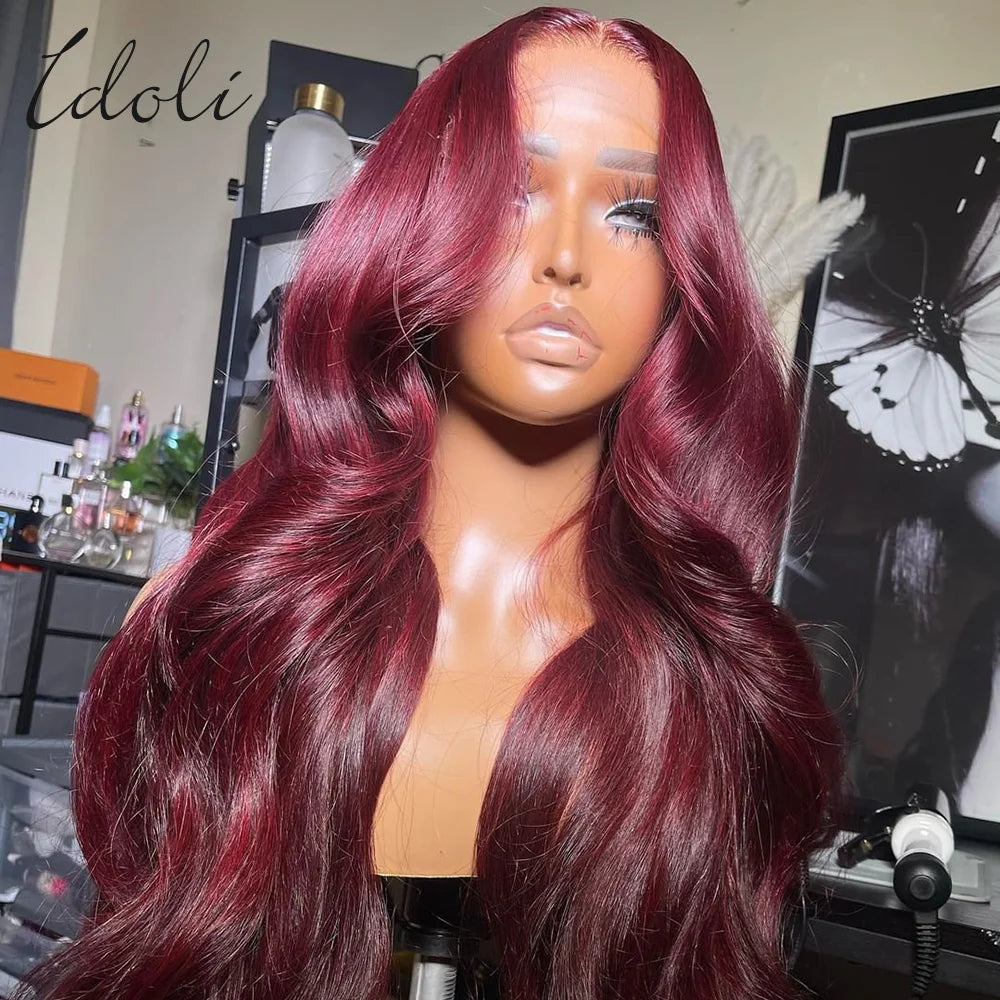 Perruque Lace Front Wig Body Wave Brésilienne Naturelle, Cheveux Humains, Couleur Bordeaux 99J, 13x6, Transparent HD