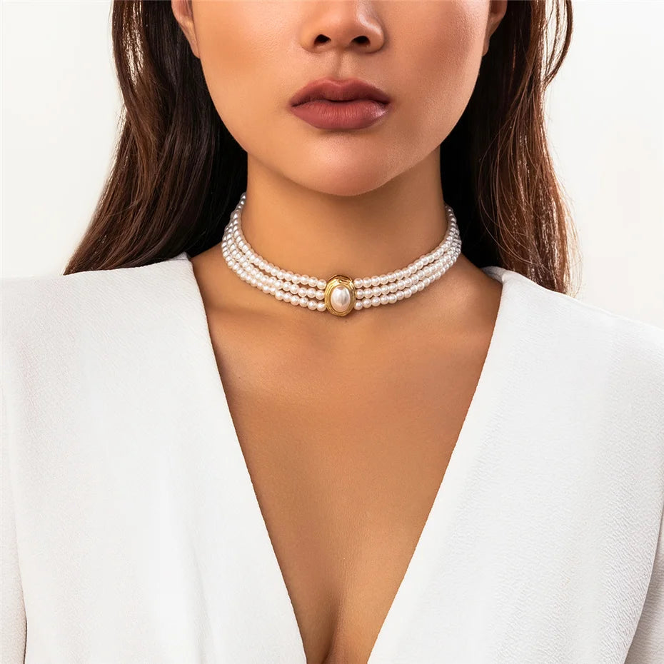 Collier ras du cou court multicouche Vintage pour femmes, Imitation de perles, tendance, élégant, gothique, strass, chaîne de clavicule, accessoires de mariage