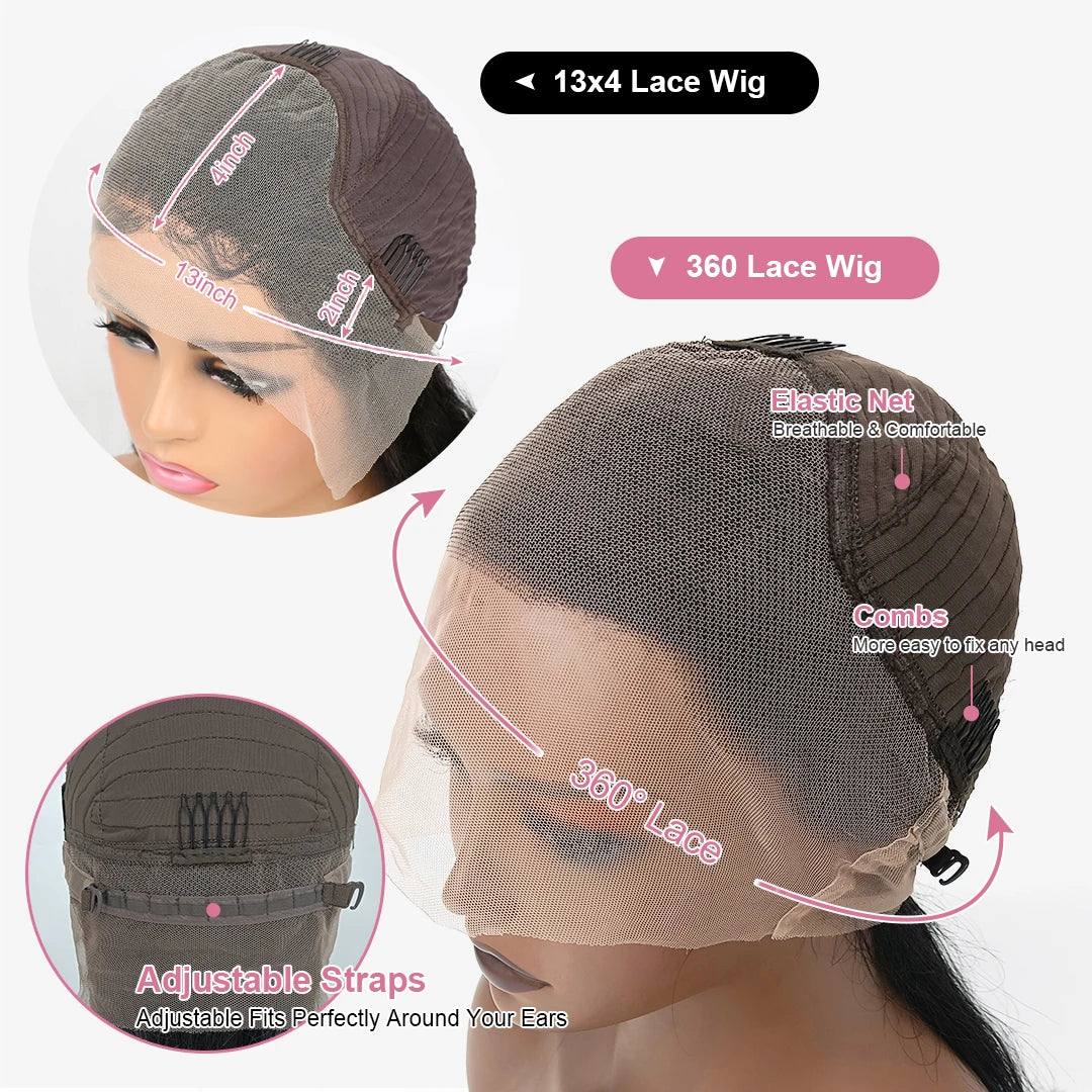 Perruque Lace Frontal Wig 360 naturelle brésilienne lisse, cheveux lisses, 13x6, Transparent, pre-plucked, pour femmes