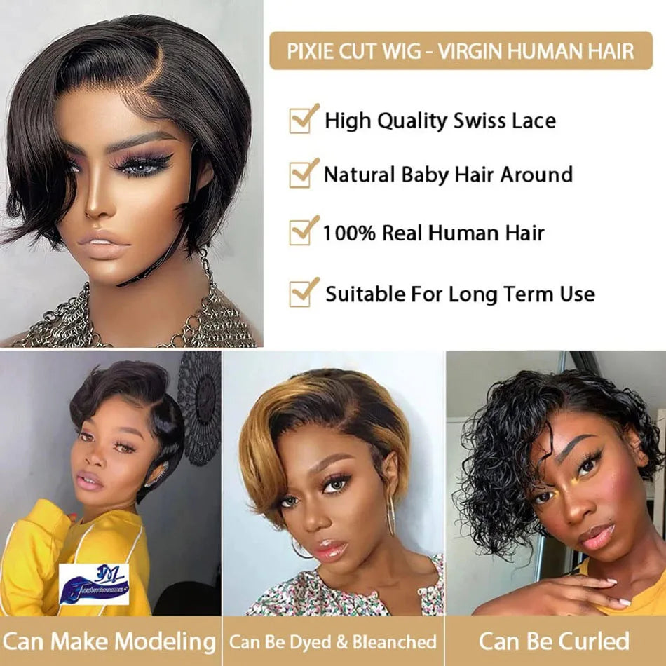 Cheveux humains 13X2 perruques courtes coupe lutin perruques droites Bob HDTransparent dentelle frontale perruques pour les femmes noires 250 densité Perruque pas cher