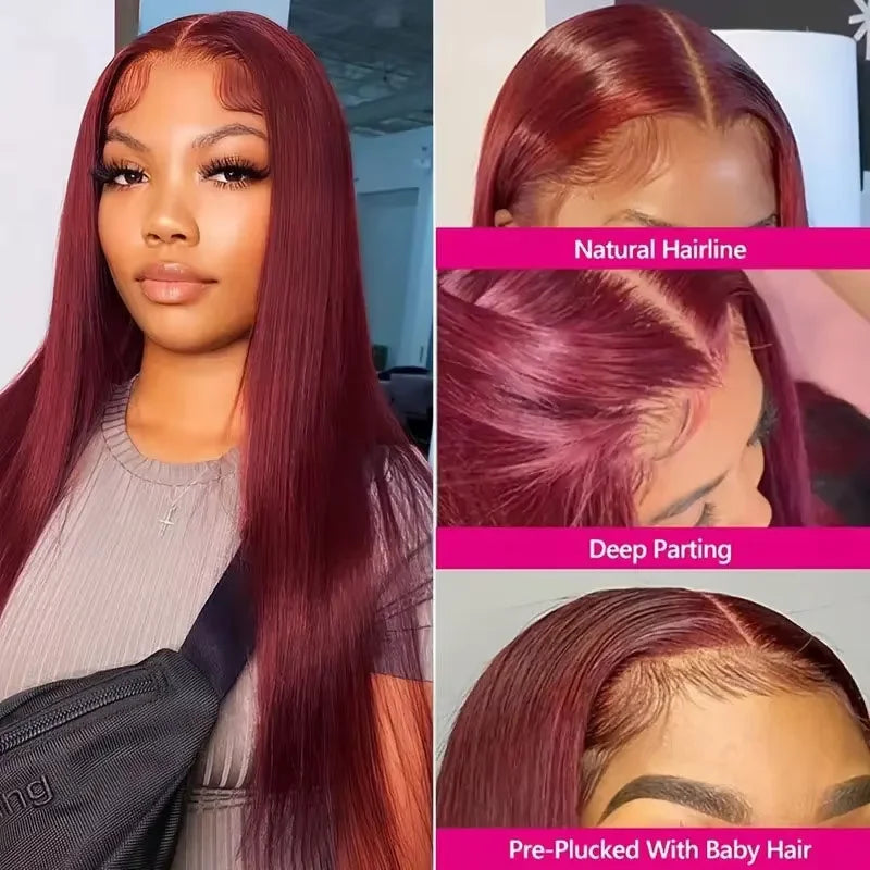 Perruque Lace Front Wig naturelle lisse, cheveux humains, couleur bordeaux 99J, haute densité 200, 13x6, HD, ultraviolette, 13x4, pour femmes