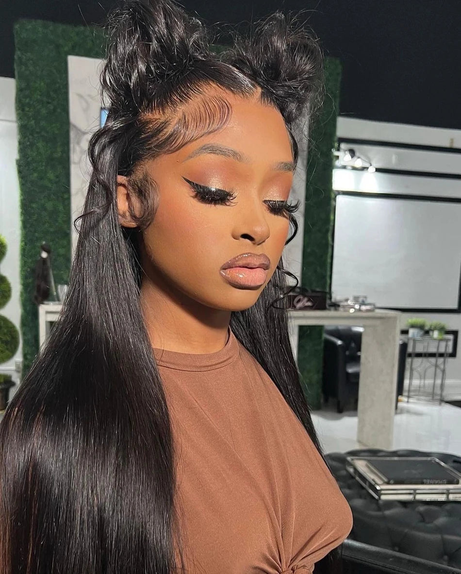 Perruque Lace Frontal Wig 360 naturelle brésilienne lisse, cheveux lisses, 13x6, Transparent, pre-plucked, pour femmes