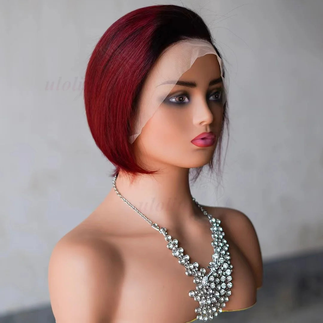 OmbreT1B/99J court coupe lutin malaisien Remy Perruques de cheveux humains à porter sans colle Cheveux raides Perruques Bob Court Cheveux Humains