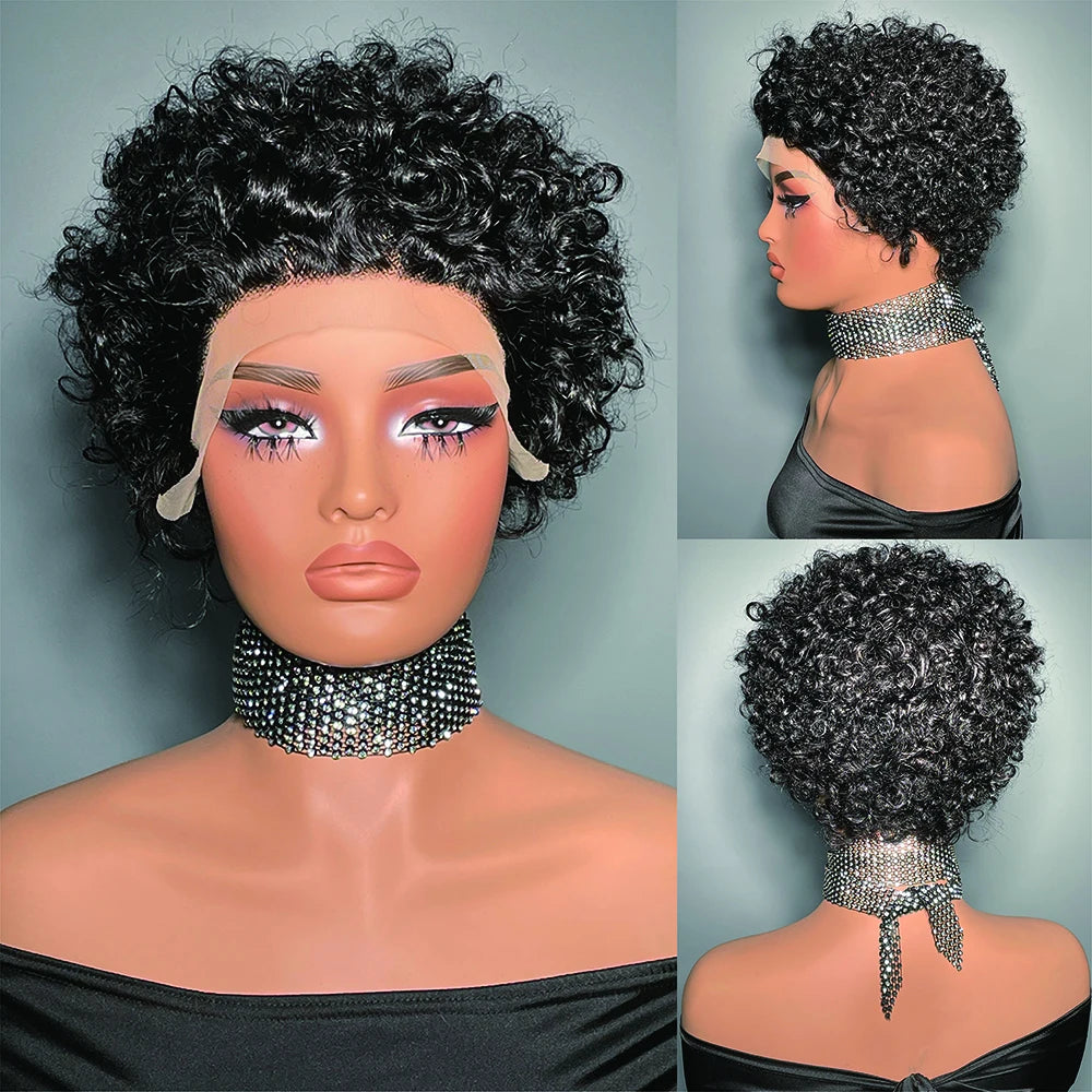 Perruque courte bouclée transparente dentelle avant perruque de cheveux humains coupe lutin perruques brésilien vague d'eau perruques de cheveux humains pour les femmes