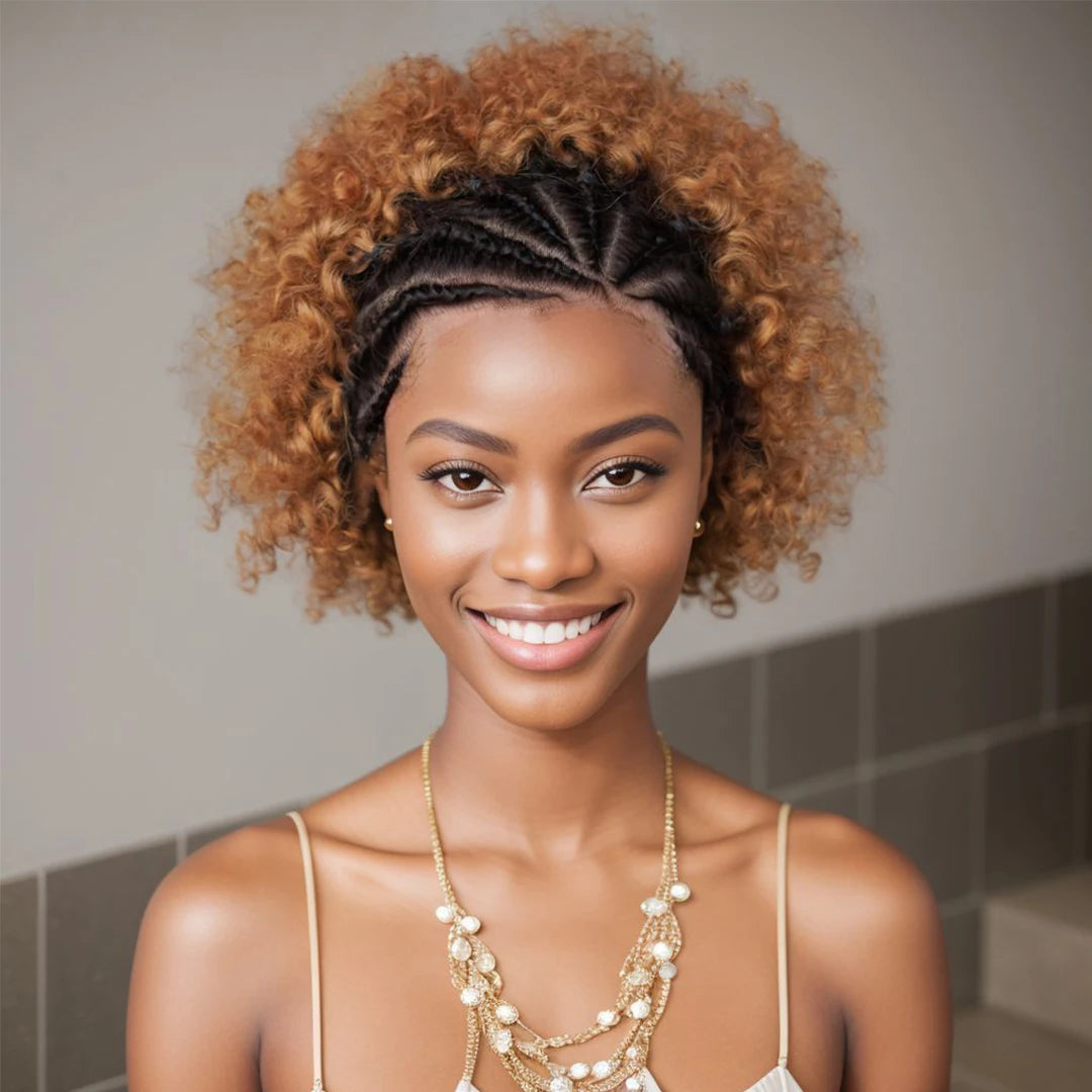 Perruque afro brésilienne Remy bouclée noire naturelle avec tresses, 6 amaran, 13x4, 100%