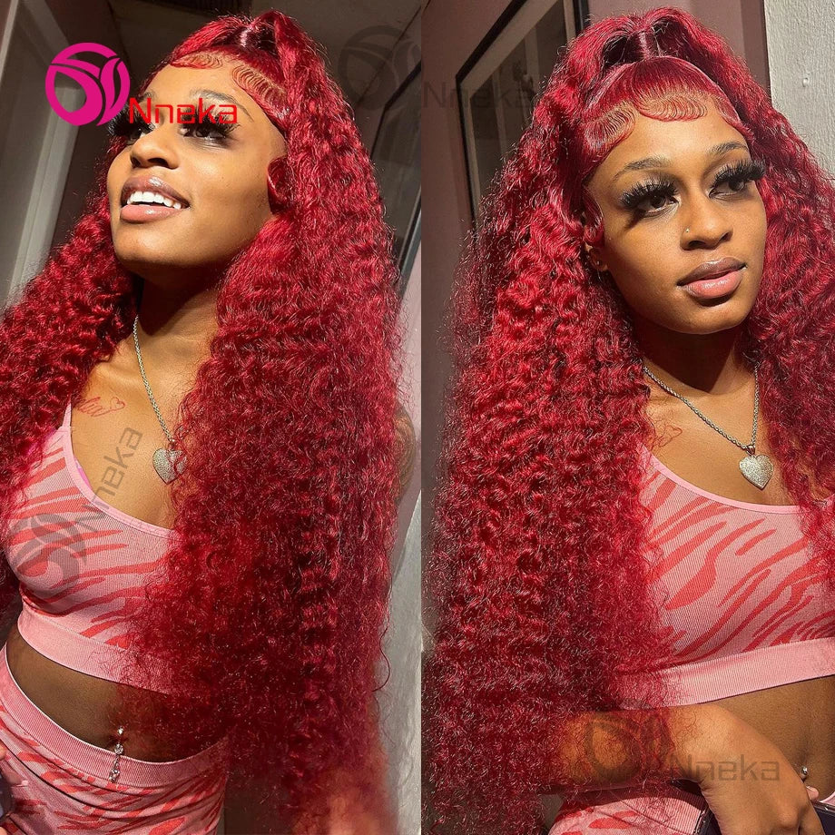 Bourgogne 13x6 Hd dentelle frontale perruque de cheveux humains vague profonde bouclés perruques de cheveux humains vague d'eau couleur 99j rouge 30 pouces dentelle avant perruque