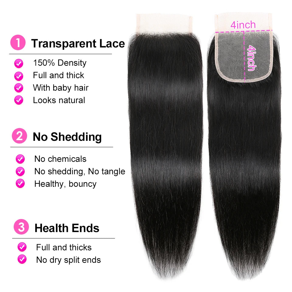 Swiss Lace Frontal Closure Péruvienne Remy Cheveux 100% Naturels Lisses, 5x5, 13x4, Document Naturel